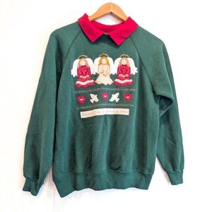 VINTAGE Hanes Christmas Angel Applique Green Sweatshirt with Red Collar Size Med